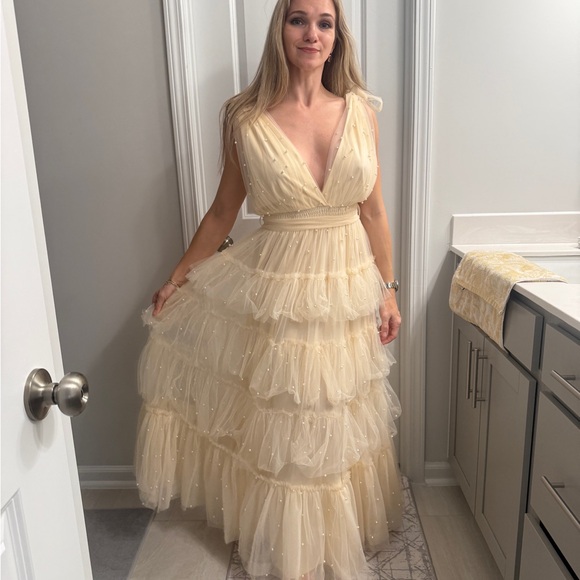 Fashion Nova | Dresses | Nya Tulle Maxi Dress With Pearl Beads Cream Size  Large | Poshmark